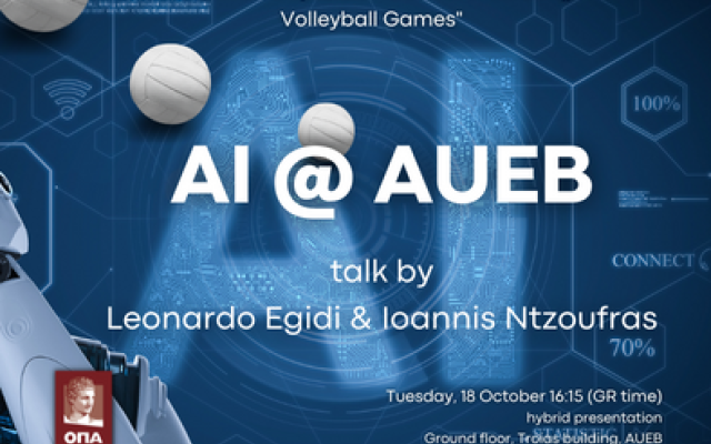 AI @ AUEB talk: "A Unified Bayesian Model for Predicting Volleyball Games", by Leonardo Egidi and Ioannis Ntzoufras, Tuesday, 18 October 16:15